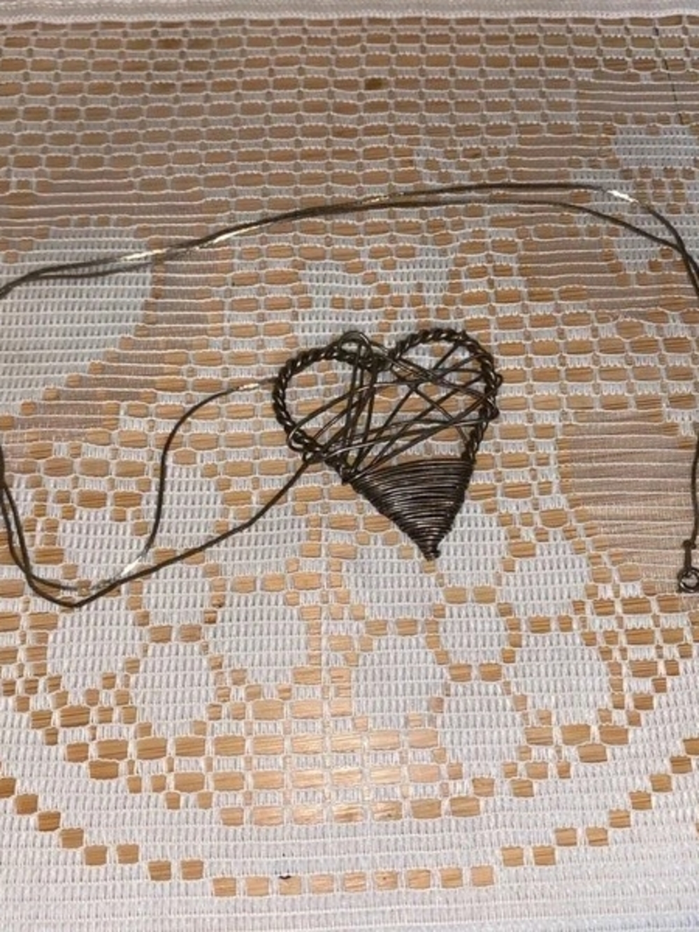 Vintage 1970s Korea Brutalist Wire Wrapped Heart Necklace (Antiqued Silvertone)